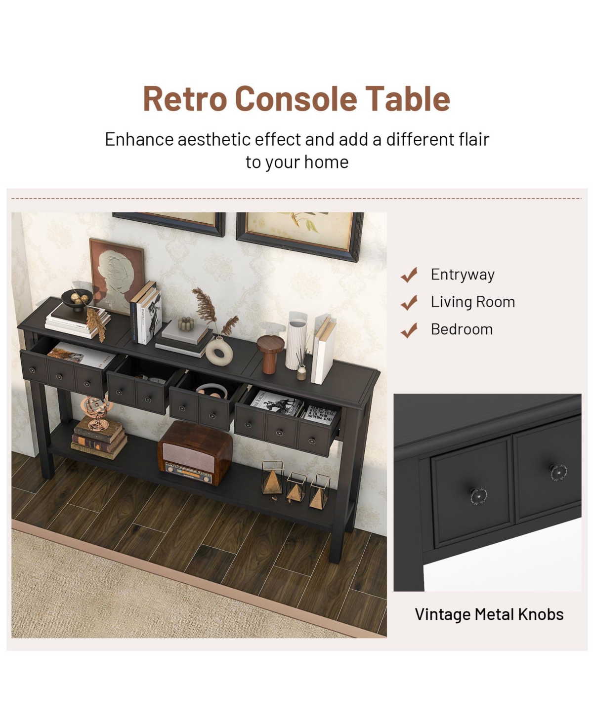 Long Sofa Table with 4 Storage Drawers and Open Lower Shelf for Living Room