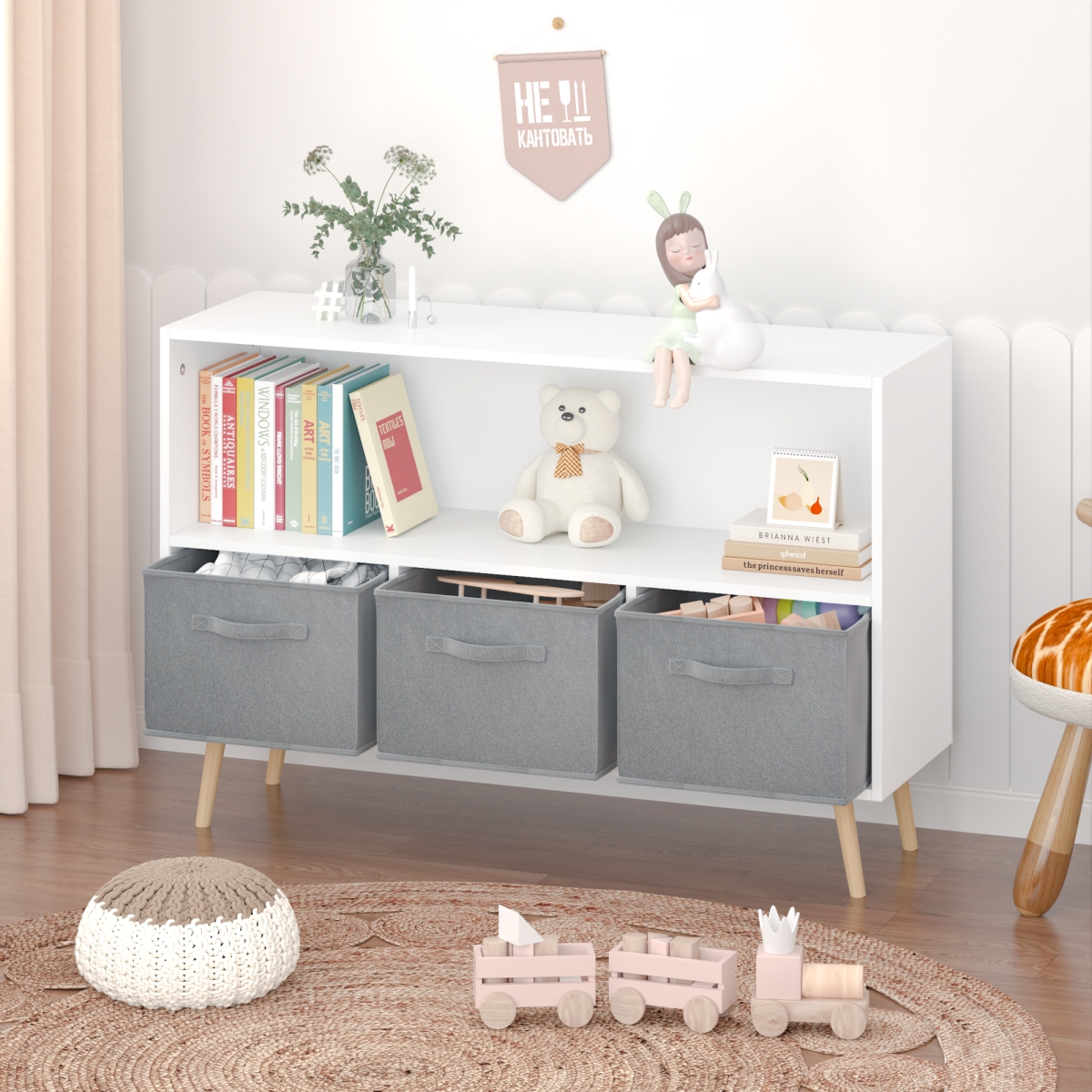 Streamdale Furniture Kids Bookcase with Fabric Drawers & Toy Storage - White+gray