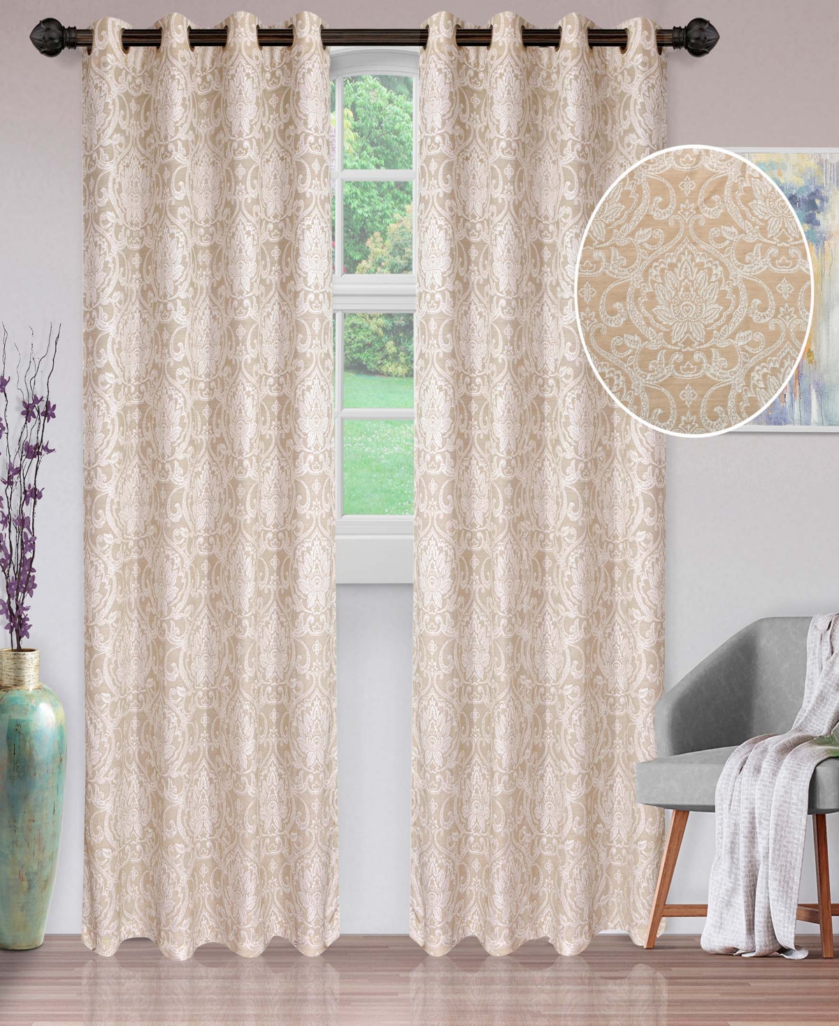 Superior Lotus Jacquard Classic Floral Damask Window Curtain Panel Set with Grommet Header, 52 X 96