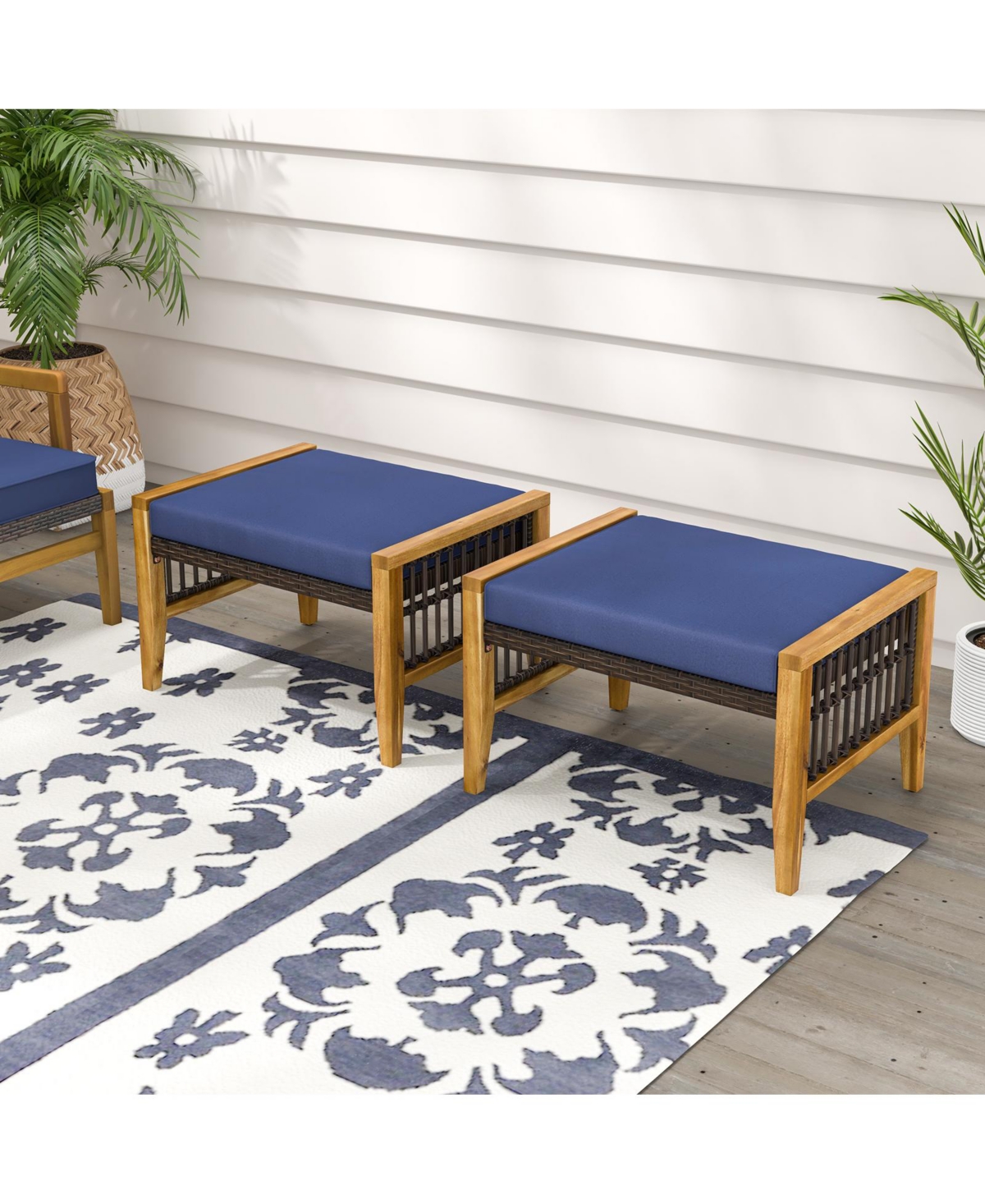 Slickblue Patio Acacia Wood Ottomans with Cushions and Versatile Rattan Woven Footstools