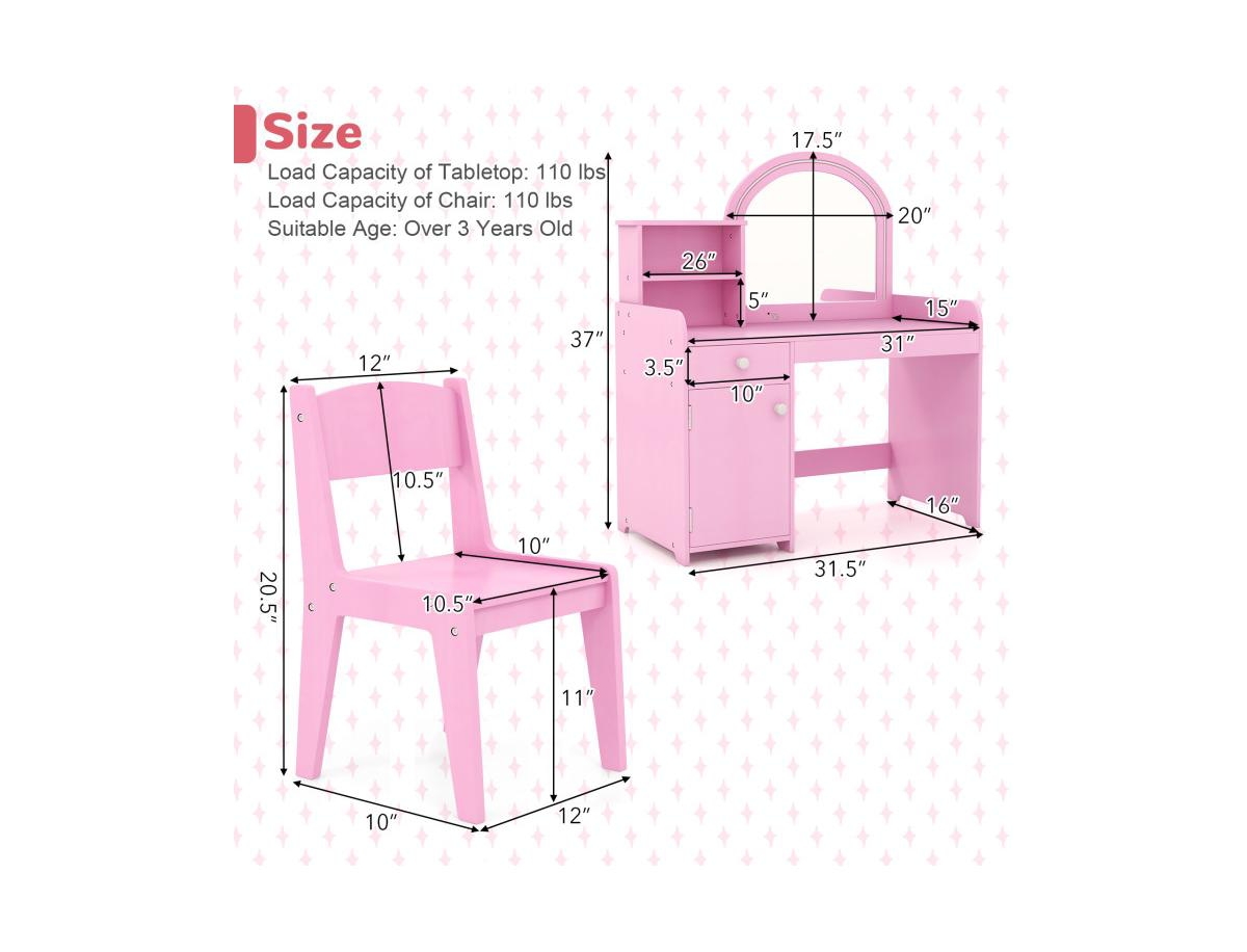 Slickblue Kids Vanity Table and Chair Set with Shelves Drawer Cabinet