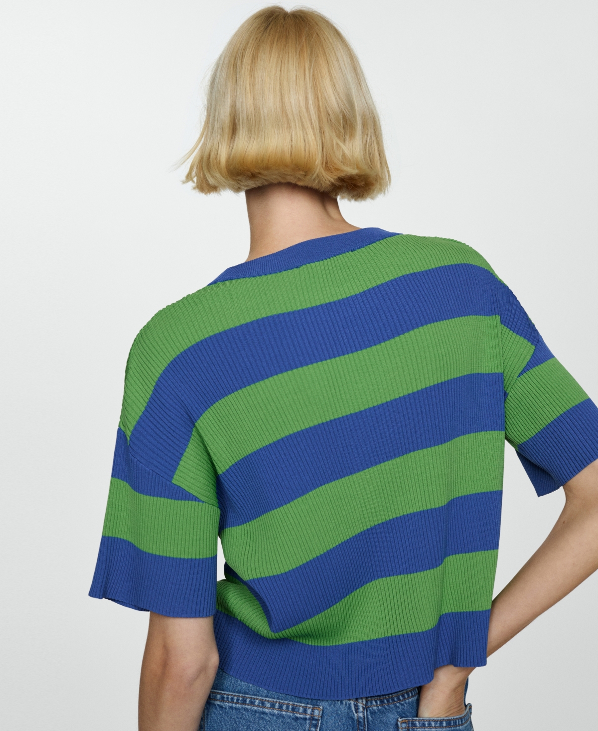 Mango Ribbed Knit T-shirt Blue In Blue