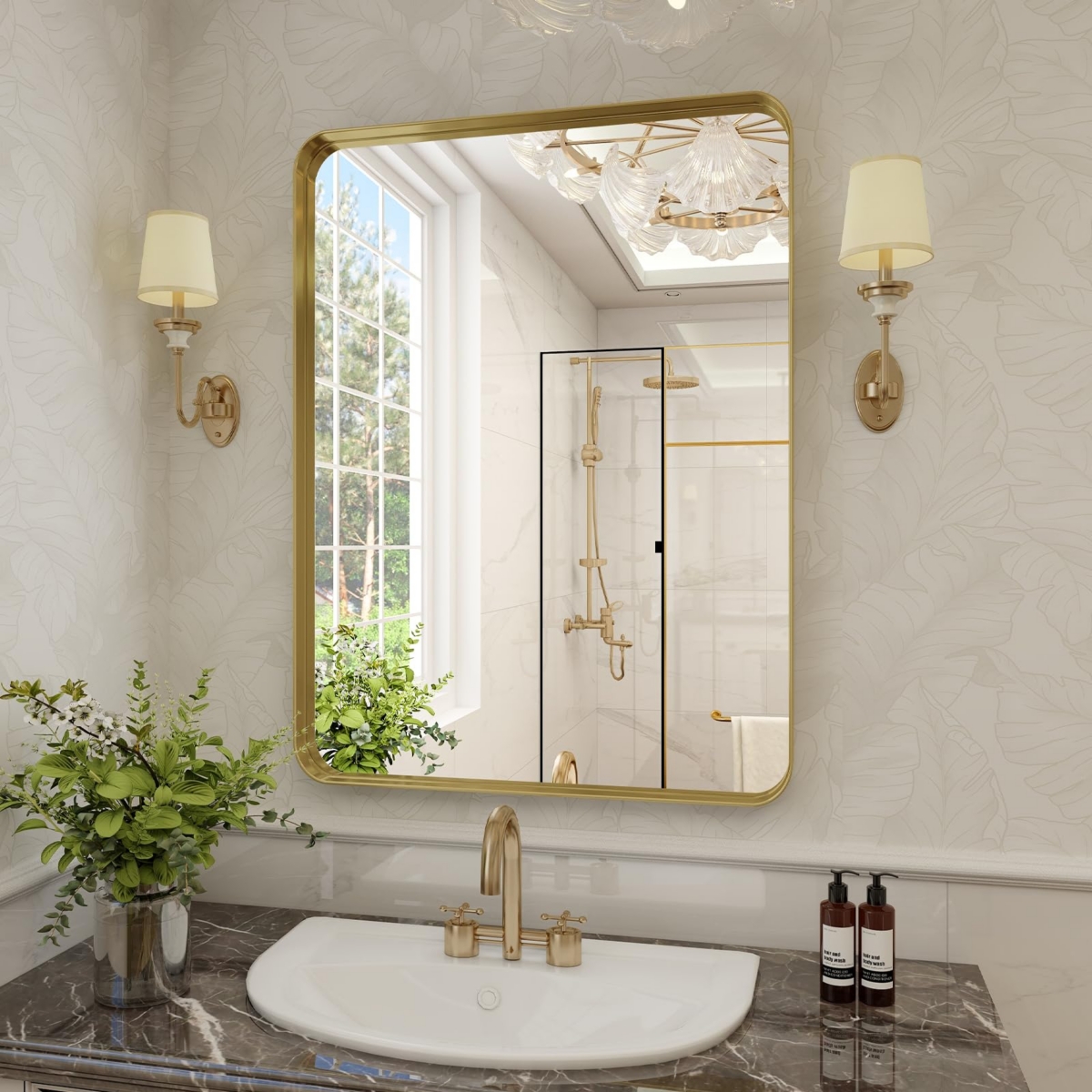 30"x40" Gold Deep Frame Bathroom Mirror with Modern Rounded Corners, Horizontal or Vertical Hang - Gold