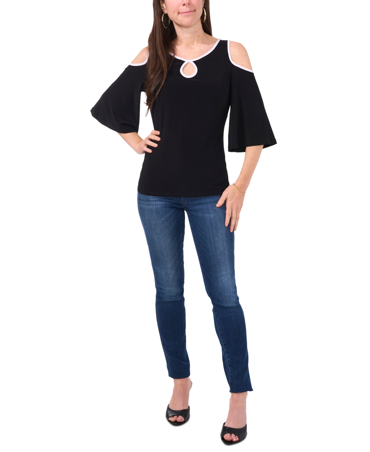 Sam & Jess Petite Keyhole Cold-Shoulder Trimmed Top - Black 001