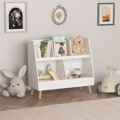 Modern Kids Bookshelf with Storage Bins for Books, Toys & Games