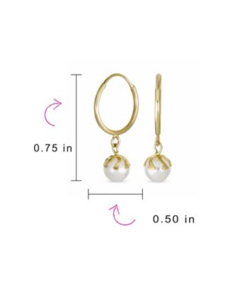 Petite Tiny10K Yellow Gold White 4.5 MM Round Freshwater Cultured Pearl Drop Ball Dangle Hoop Earring