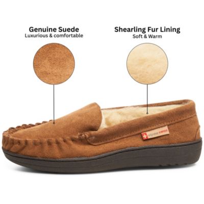 Men's Moccasin Slippers Genuine Suede House Shoe Memory Foam Insole Plush Faux Shearling Lining Comfy Indoor Outdoor Anti-Slip Rubber Sole