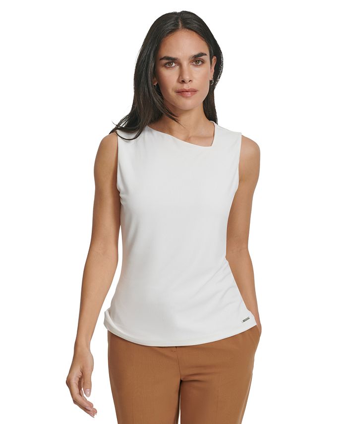 Calvin Klein Women's Solid Asymmetrical-Neckline Sleeveless Blouse - Macy's