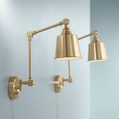 Mendes Modern Swing Arm Wall Lamps Set of 2 Brass Gold Plug-in Light Fixture Metal Shade for Bedroom Bedside Living Room Reading House