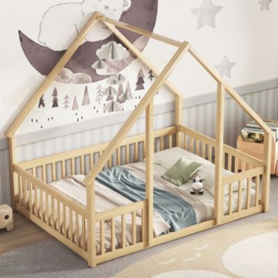 Simplie Fun Full Wood House-Shaped Floor Bed with Fence, Guardrails, Natural