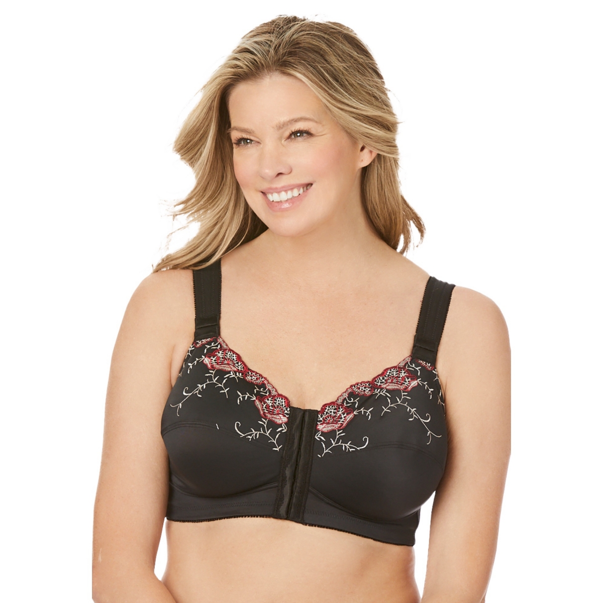 Plus Size Front-Close Embroidered Wireless Posture Bra - Ocean teal floral embroidery