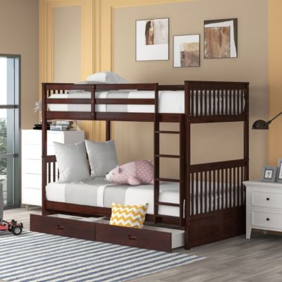 Twin Over Twin White Wooden Ladder Storage Bunk Bed