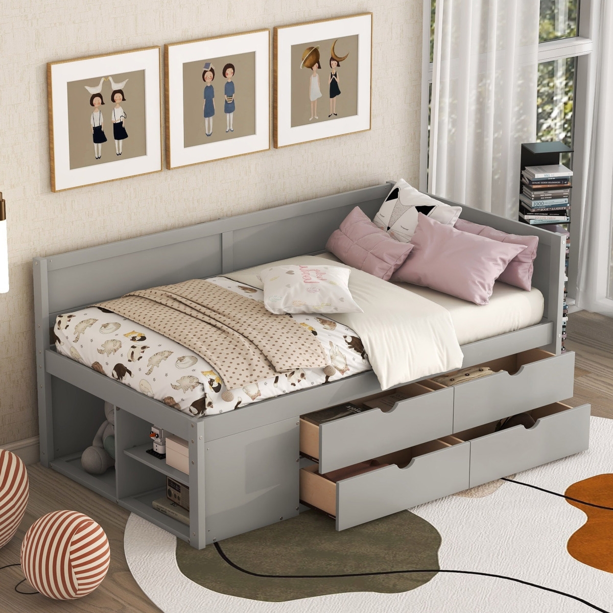 Streamdale Twin Daybed With Drawers And Shelves, Gray