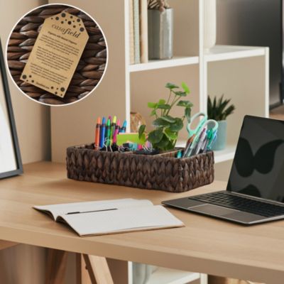 Set of 2 Water Hyacinth Storage Baskets with 4 Sections, Natural - Woven Bin Organizers for Bathroom, Laundry, Pantry, Office, Shelves