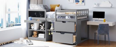 Streamdale Twin Size Low Loft Bed With Rolling Desk, Shelf And Drawers