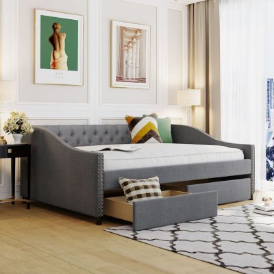 Streamdale Upholstered Daybed With Two Drawers, Wood Slat Support Full Size