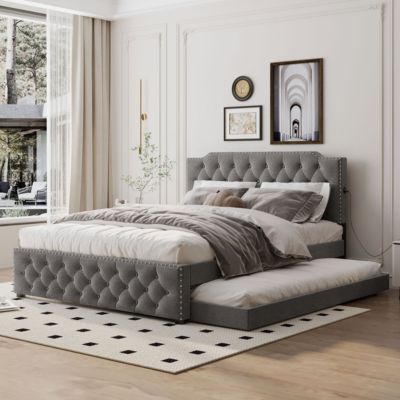 Streamdale Gray Upholstered Queen Platform Bed with Trundle & USB Ports
