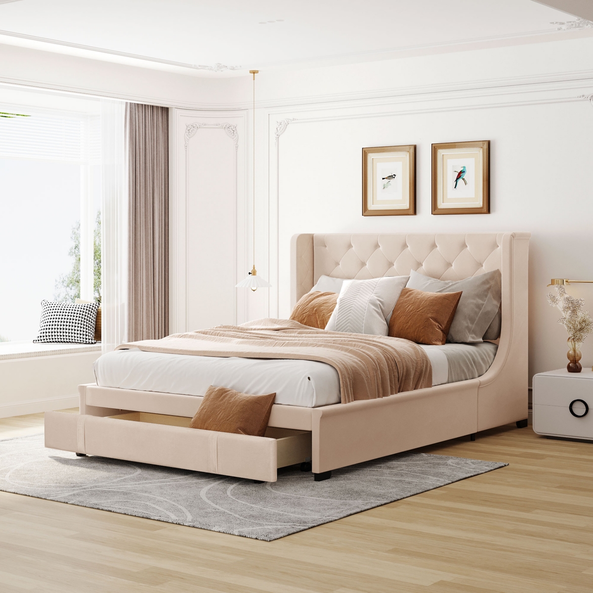Streamdale Velvet Wingback Storage Platform Bed with Drawer