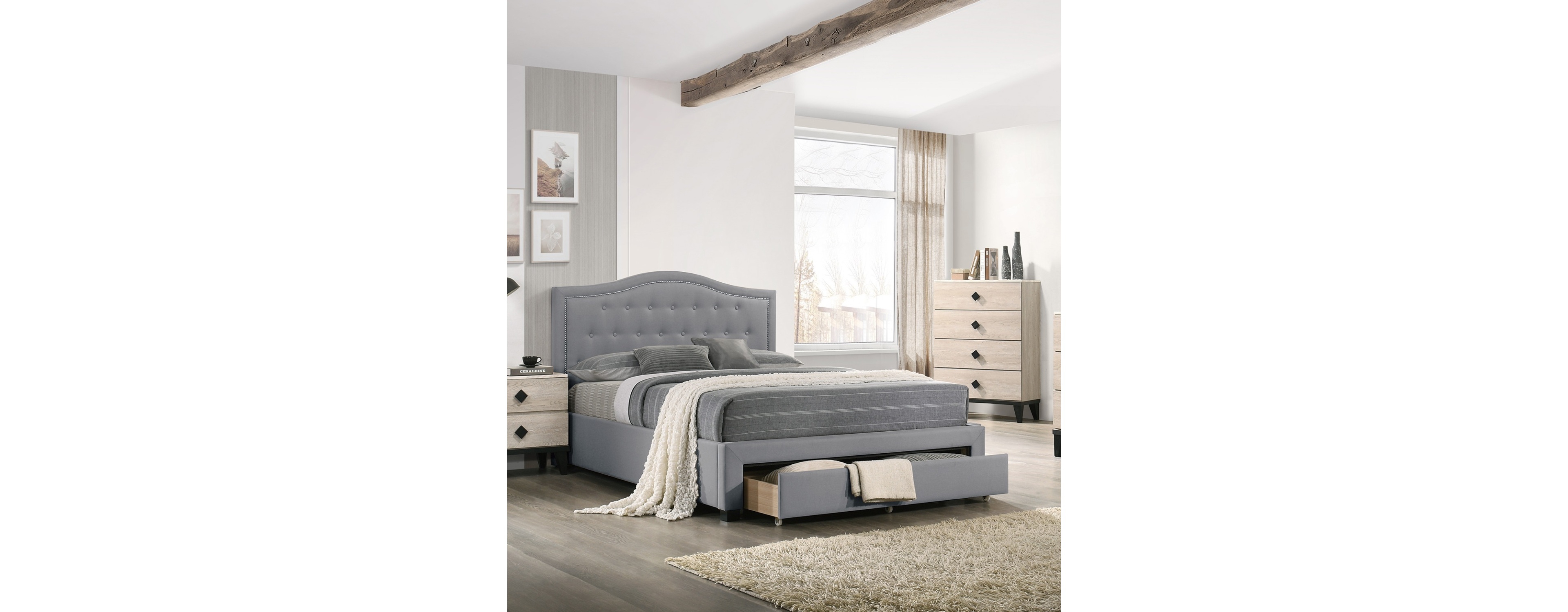 Streamdale Light Grey Twin Bed with Drawer Storage & Button Tufted Headboard