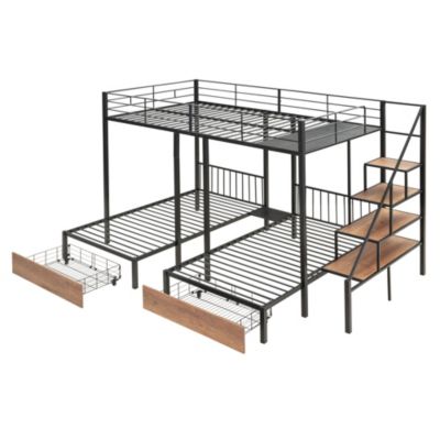 Full Over Twin-Twin Triple Bunk Bed With Drawers And Staircase