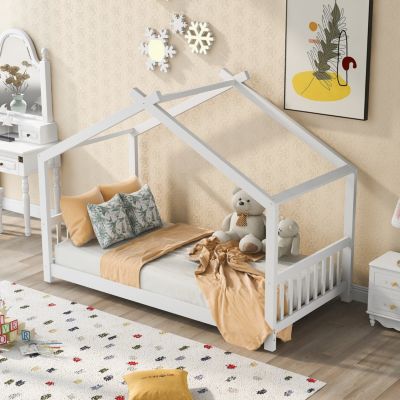 Twin Size House Platform Bed With Headboard And Footboard, Roof Design