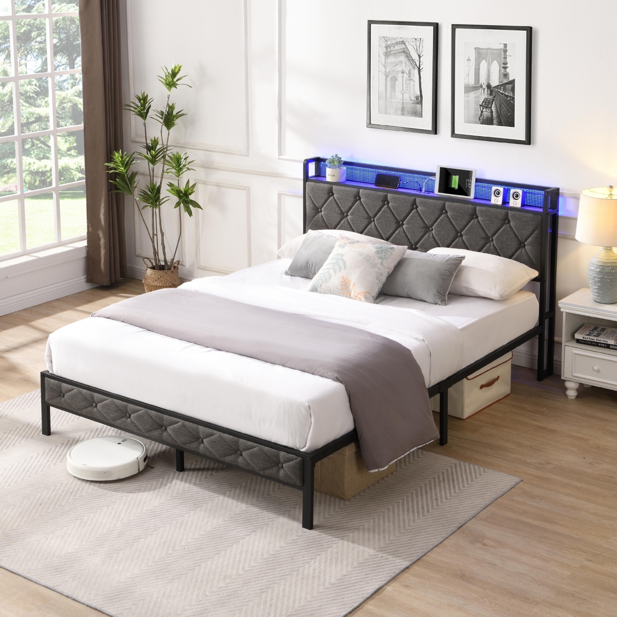 Streamdale Furniture Storage Headboard Bed Frame with Led Lights