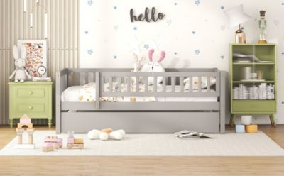 Streamdale Twin Size Wood Daybed With Trundle And Fence Guardrails