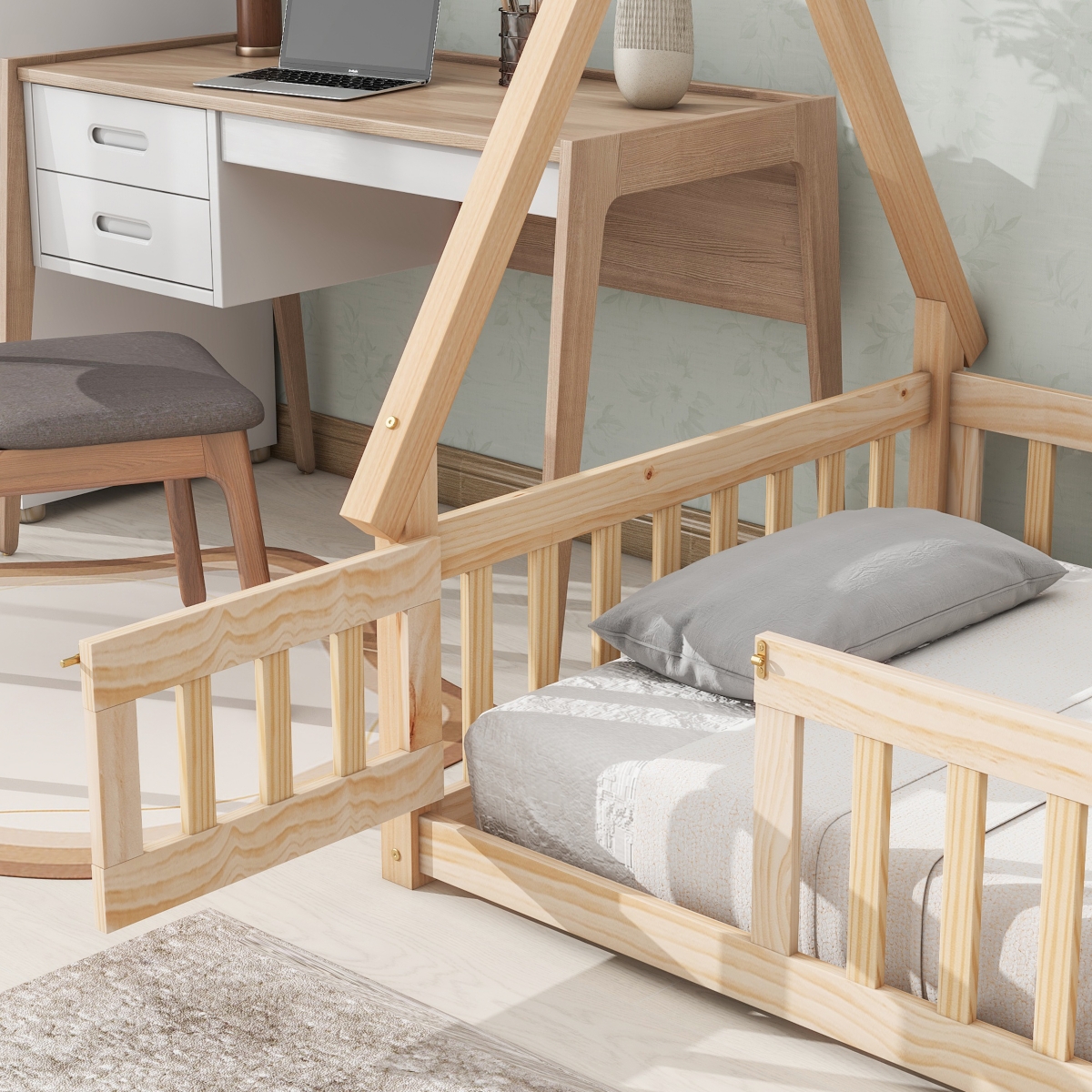 Streamdale Furniture Tentshaped Floor Bed, With Guardrails, Slats, Door,- Natural