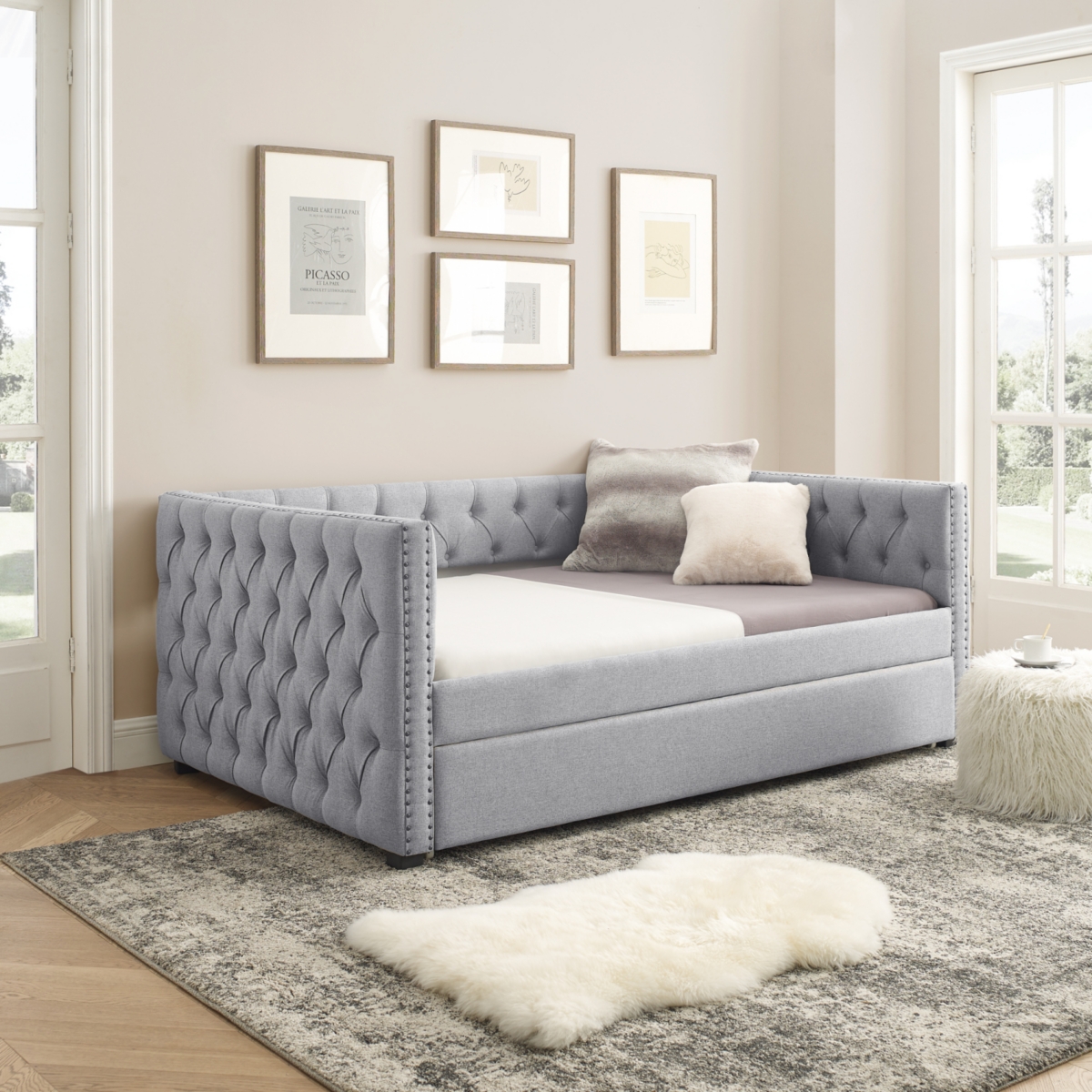 Streamdale Beige Upholstered Daybed with Trundle, Twin