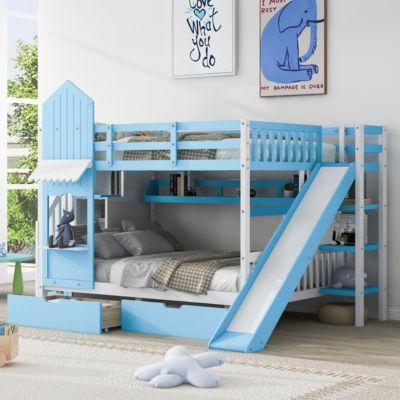 Castle Bunk Bed with Drawers, Shelves & Slide