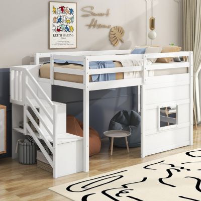 Twin Size Loft Bed With Storage Staircase And Window.