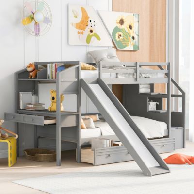 Streamdale White Twin Bunk Bed with Staircase, Slide, and Desk