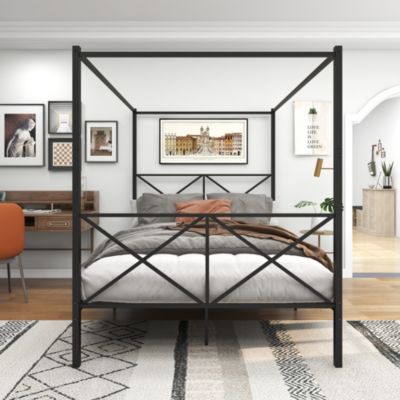 Metal Queen Canopy Bed Frame with X-Frame