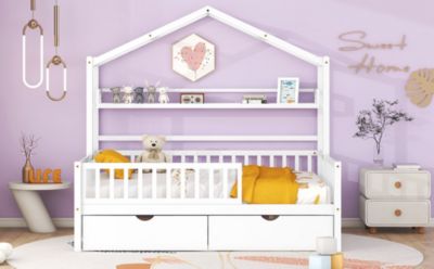 Streamdale Kids' White Wooden House Bed with Drawers and Shelf
