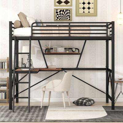 Full Size Loft Bed with Metal & MDF Frame, Desk and Shelf