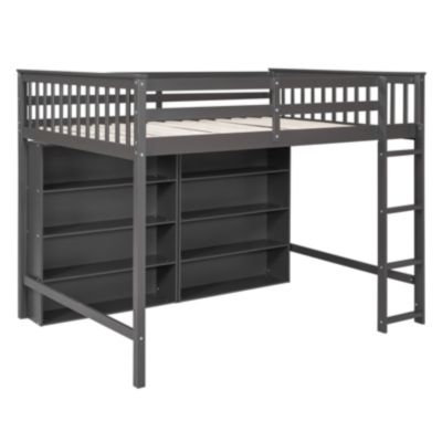 Full Size Loft Bed With 8 Open Storage Shelves And Builtin Ladder