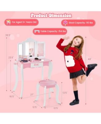 Kid's Wooden Vanity Table and Stool Set with 3-Panel Acrylic Mirror-White