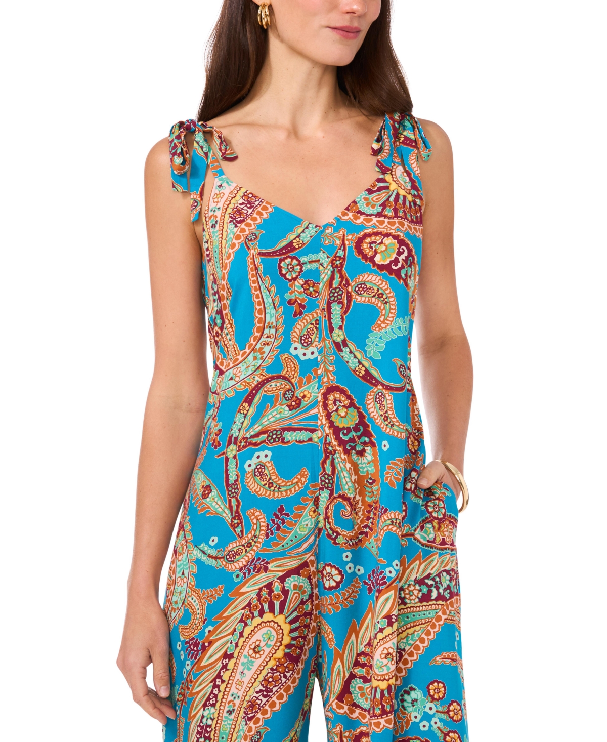 Vince Camuto Women's Paisley Tie Shoulder Angled Hem Jumpsuit