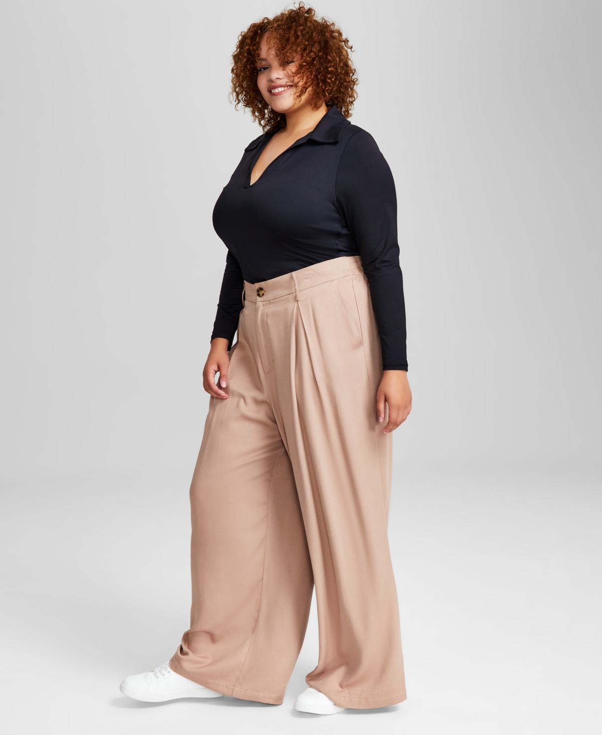 Trendy Plus Size Easy Wide-Leg Trousers - Almond
