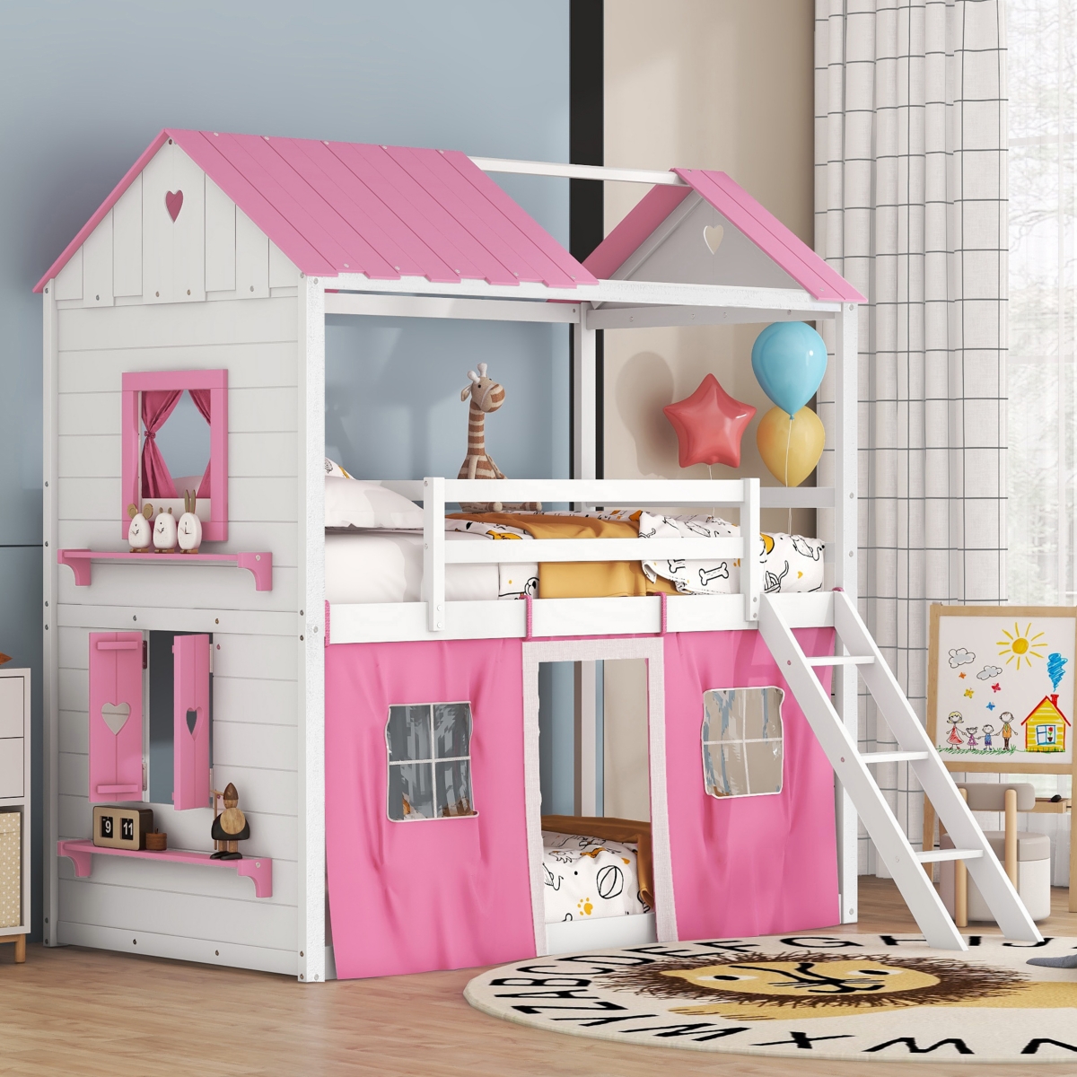 Streamdale Twin Bunk Wood House Bed With Elegant Windows, Sills And Tent
