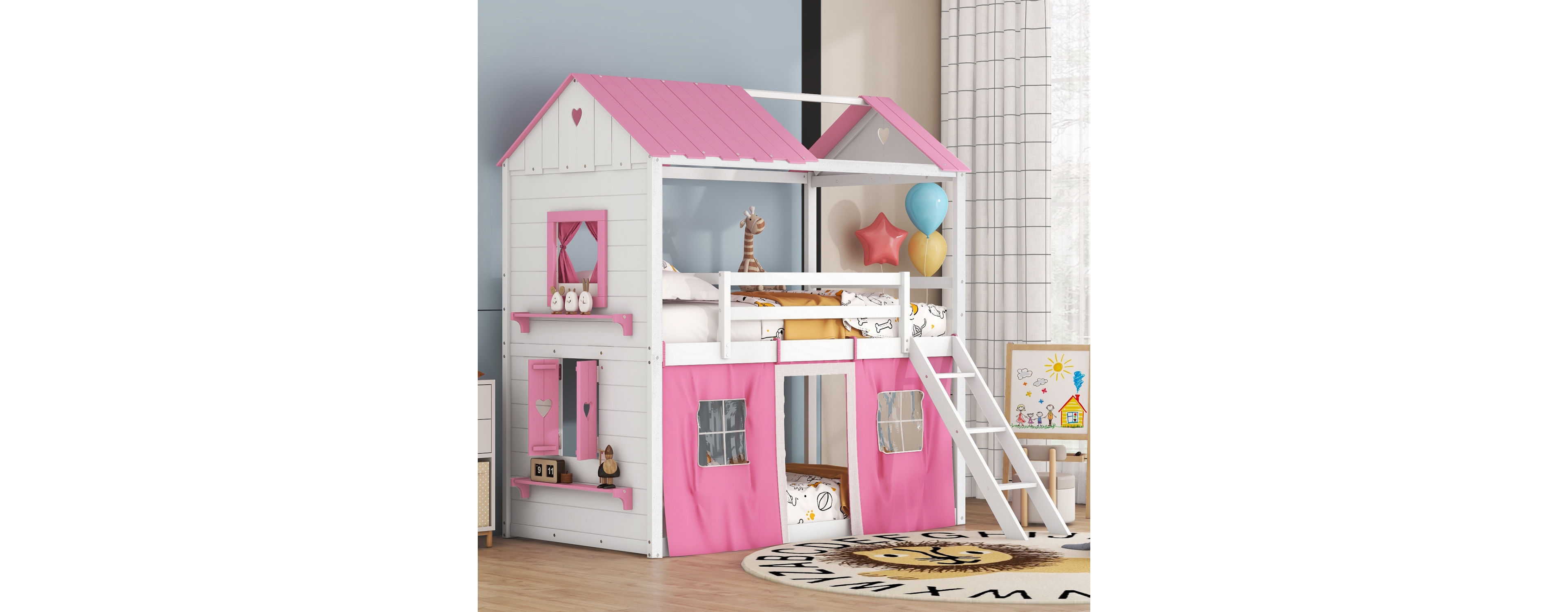 Streamdale Twin Bunk Wood House Bed With Elegant Windows, Sills And Tent