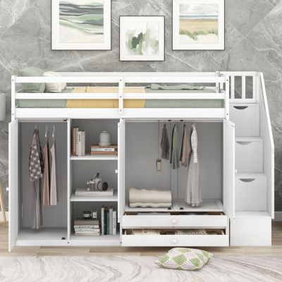 Streamdale 3-Shelf Loft Bed with Storage Units and Ladder