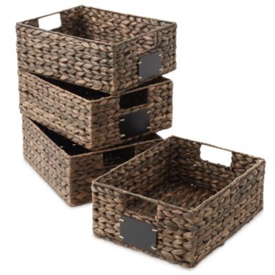 (Set of 4) Water Hyacinth 10&amp;#x22;x13&amp;#x22;x5&amp;#x22; Pantry Baskets w/ Chalkboard Labels and Marker - Espresso, Woven Storage Bins for Kitchen Shelves