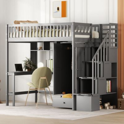 Streamdale Twin Size Loft Bed With Bookshelf, Drawers, Desk, And Wardrobe White