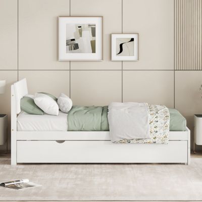 Modern Twin Bed Frame with Trundle, White Gloss Finish