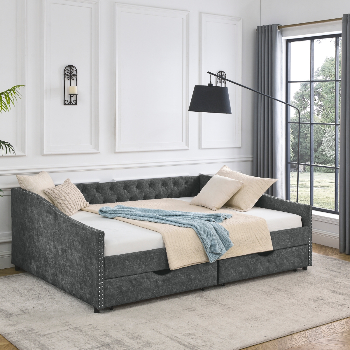 Streamdale Furniture Queen Size Daybed With Drawers Upholstered Tufted Sofa Bed,,With Button On Back And Copper