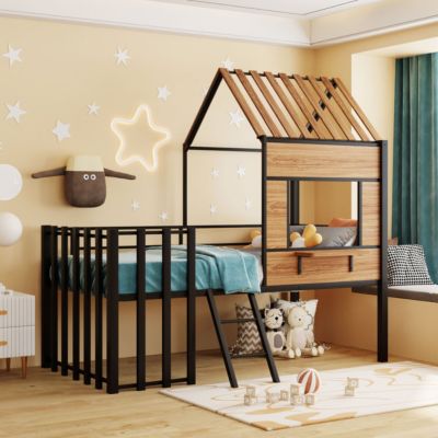 Streamdale Metal Twin Size Loft Bed With Roof, Window, Guardrail, Ladder