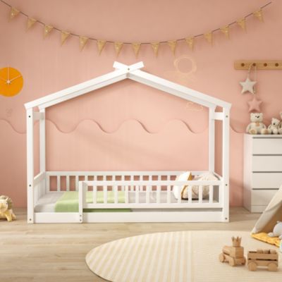 Twin Size Wood House Bed Frame with Fence
