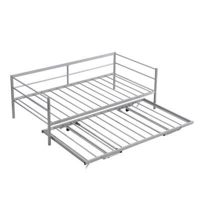 Streamdale Twin Size Metal Daybed With Adjustable Trundle, Pop Up Trundle, Silver