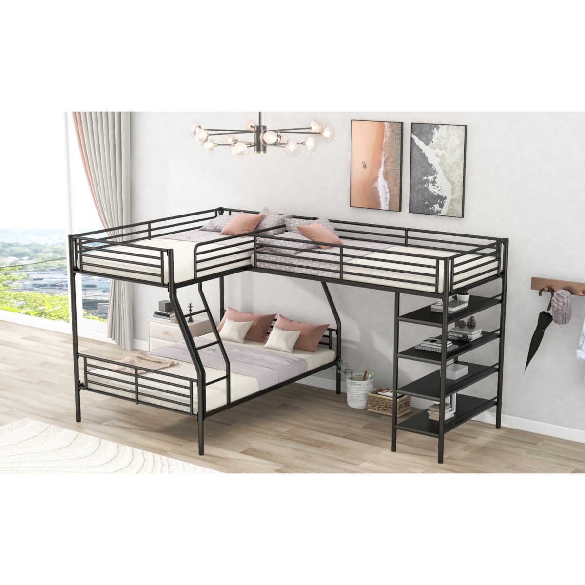 Simplie Fun L-Shaped Metal Twin Over Full Bunk Bed And Twin Size Loft Bed With Four Built-In Shelves
